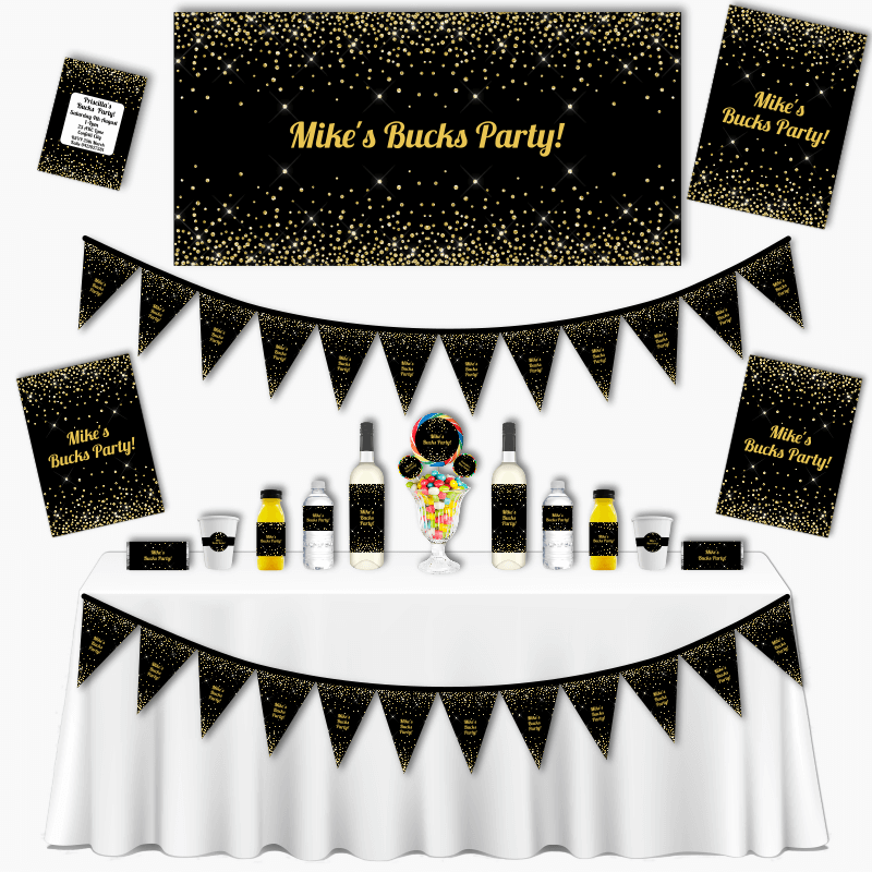 Personalised Black &amp; Gold Confetti Grand Bucks Party Pack