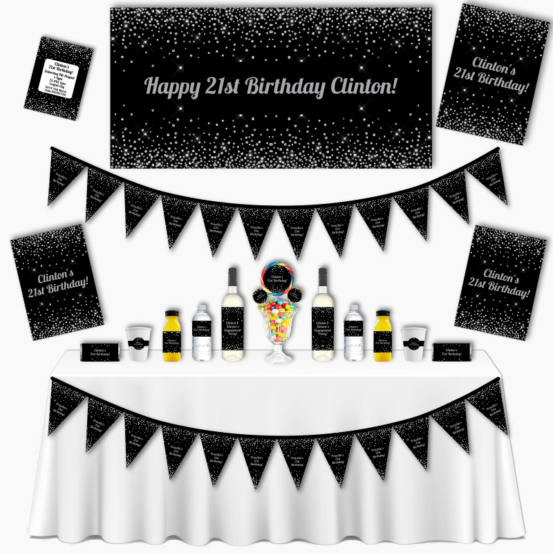 Personalised Black &amp; Silver Confetti Grand Birthday Party Pack