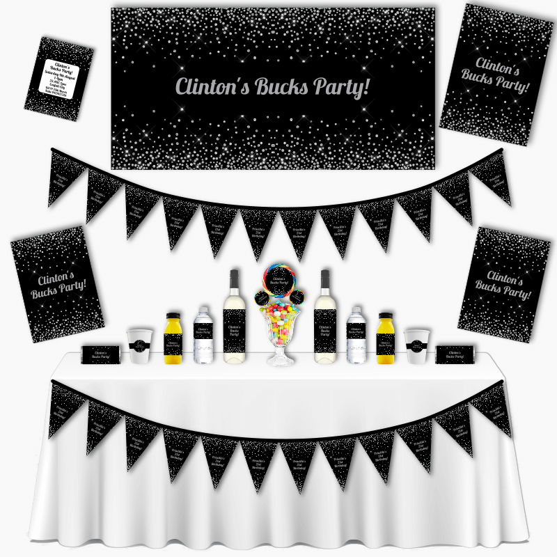 Personalised Black &amp; Silver Confetti Grand Bucks Party Pack
