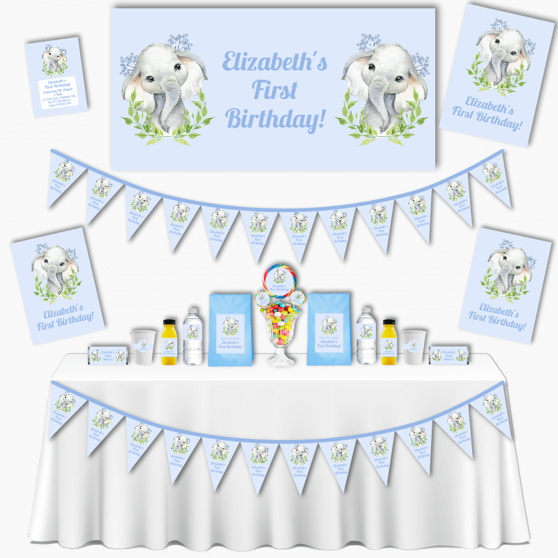 Personalised Blue Leaves Elephant Grand Birthday Party Pack
