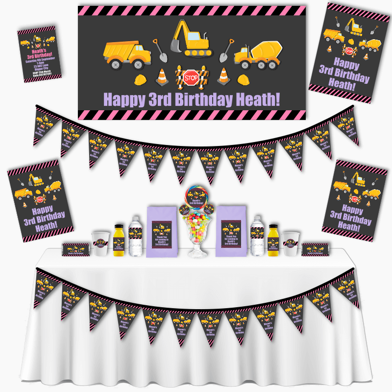 Personalised Girls Construction Grand Birthday Party Pack