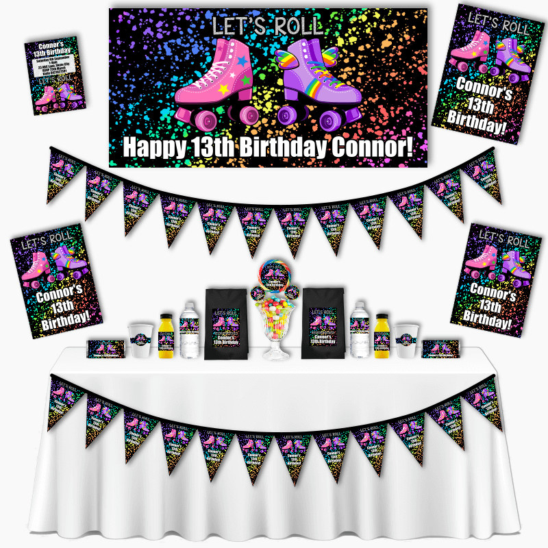Personalised Rainbow Splatter Roller Skate Grand Party Pack