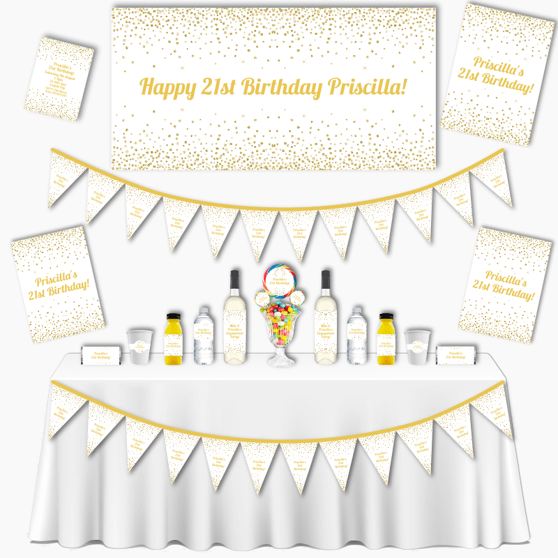 Personalised White &amp; Gold Confetti Grand Birthday Party Pack