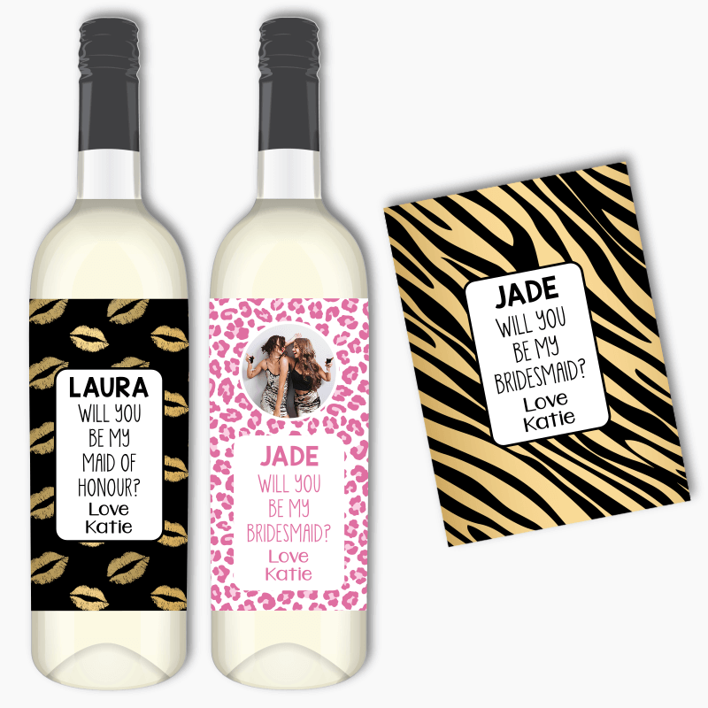 Lips &amp; Animal Prints Will you be my Bridesmaid? Wine Labels