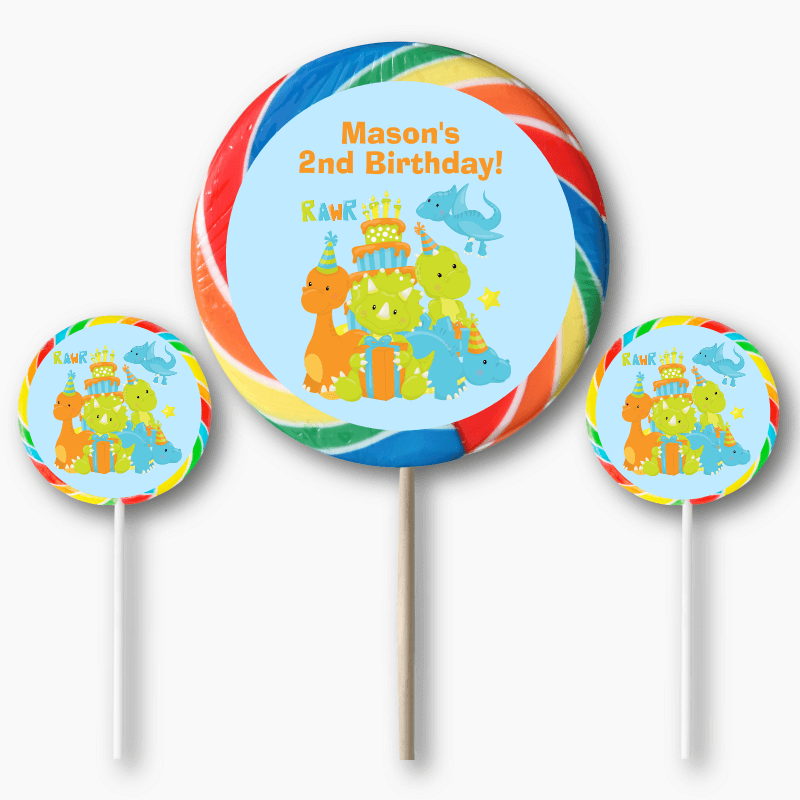 Personalised Little Boys Dinosaur Party Round Stickers