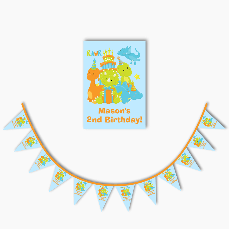 Personalised Little Boys Dinosaur Party Poster &amp; Bunting Combo