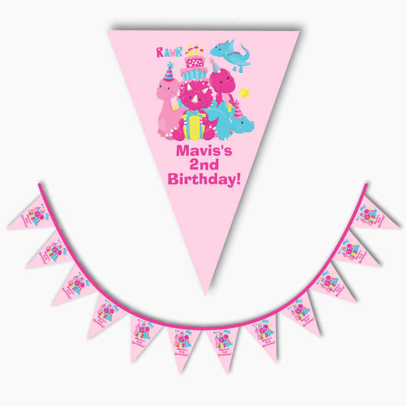Personalised Little Girls Dinosaur Birthday Party Flag Bunting