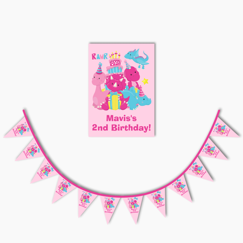 Personalised Little Girls Dinosaur Party Poster &amp; Bunting Combo