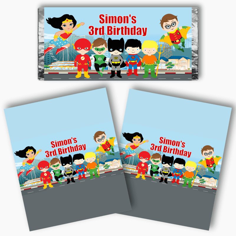 Personalised Little Superheroes Party Mini Chocolate Labels