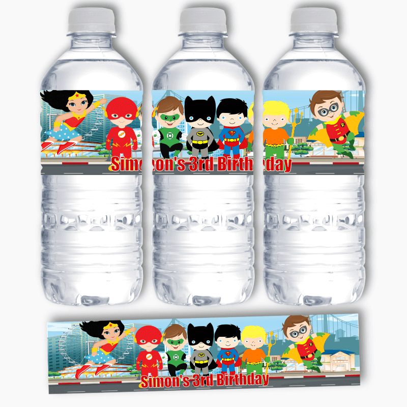 Personalised Little Superheroes Party Water Bottle Labels