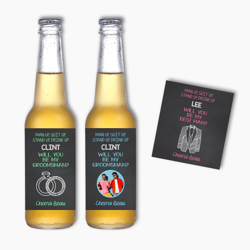 &#39;Man Up, Suit Up&#39; Will you be my Groomsman? Beer Labels