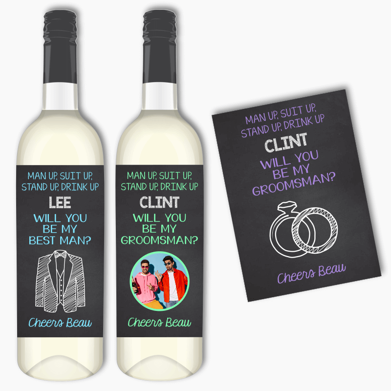 &#39;Man Up, Suit Up&#39; Will you be my Groomsman? Wine Labels