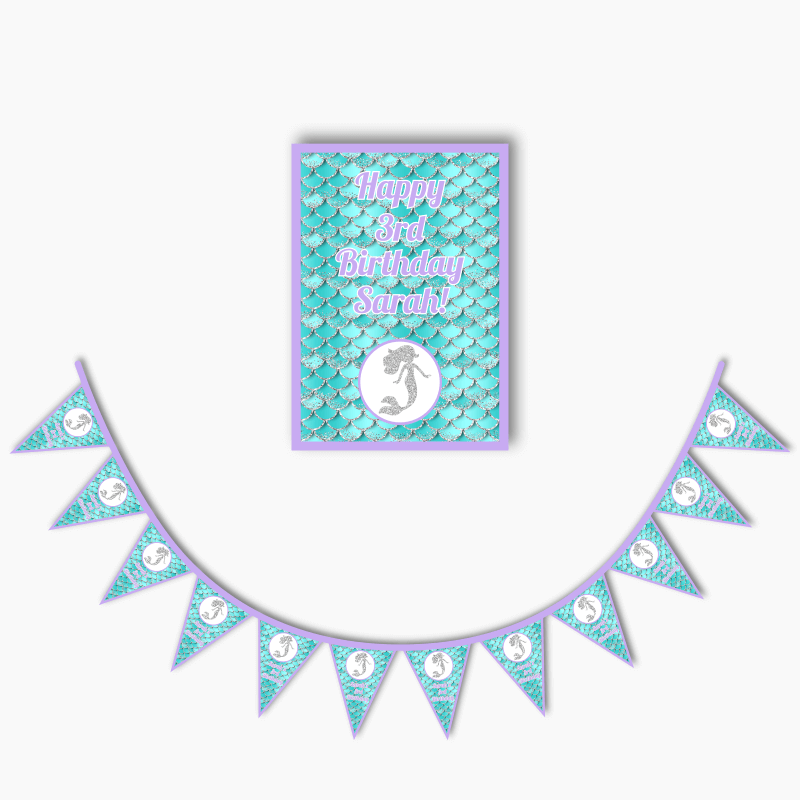 Personalised Mermaid Scales Party Poster &amp; Bunting Combo