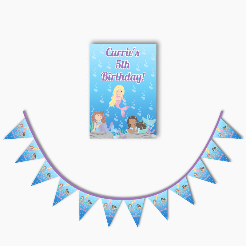 Personalised Mermaids Party Poster &amp; Bunting Combo