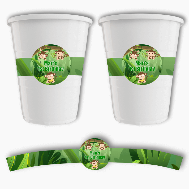 Personalised Monkey Birthday Party Cup Stickers