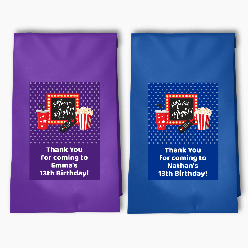 Personalised Movie Night Birthday Party Bags &amp; Labels