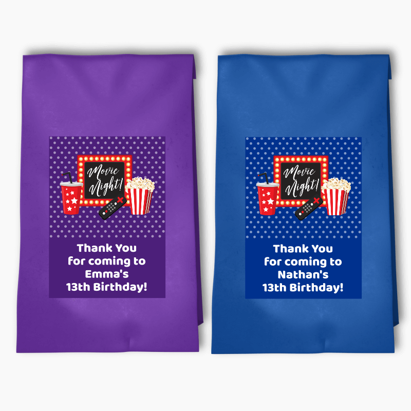 Personalised Movie Night Birthday Party Bags & Labels