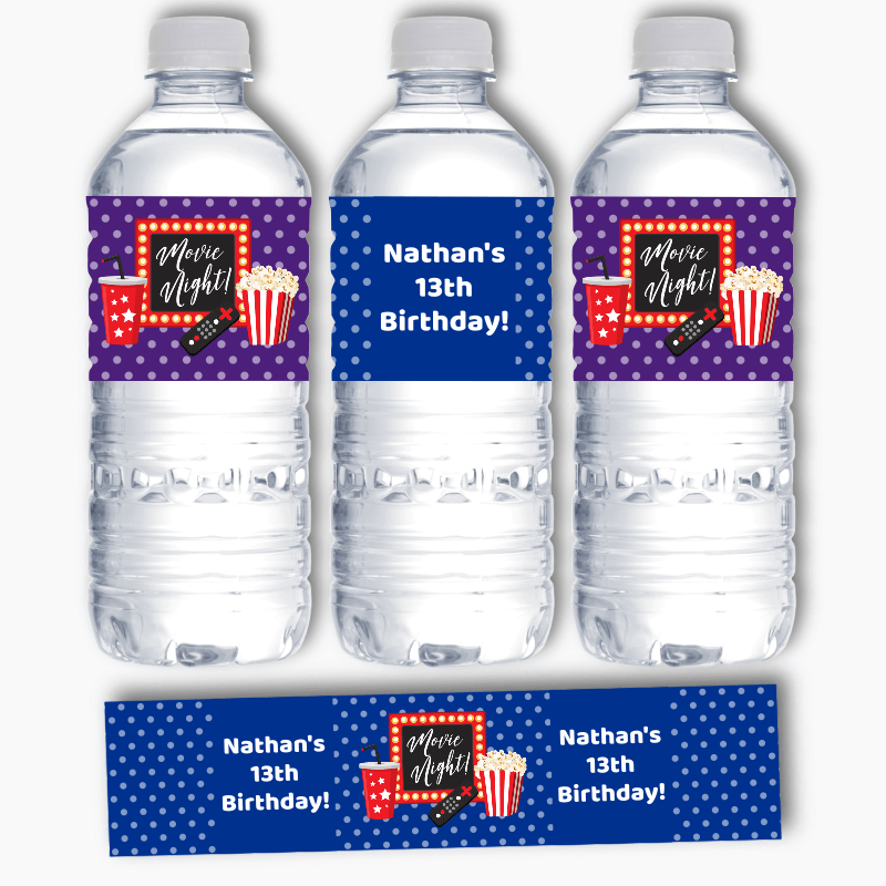 Personalised Movie Night Birthday Party Water Bottle Labels