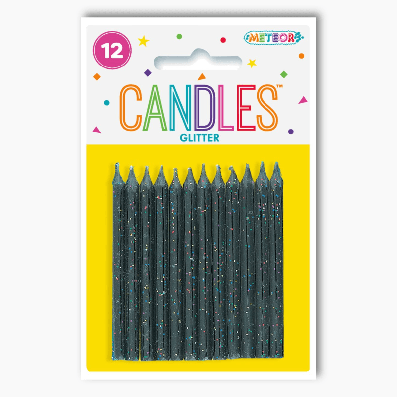 Black glitter birthday candles pack of 12 on retail packaging