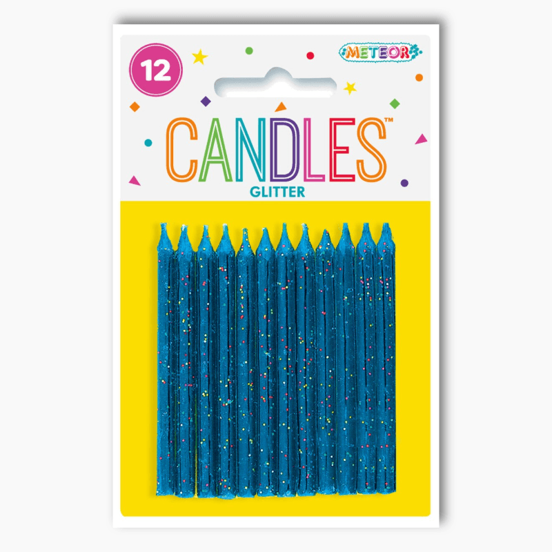 Blue glitter birthday candles pack of 12 on retail packaging