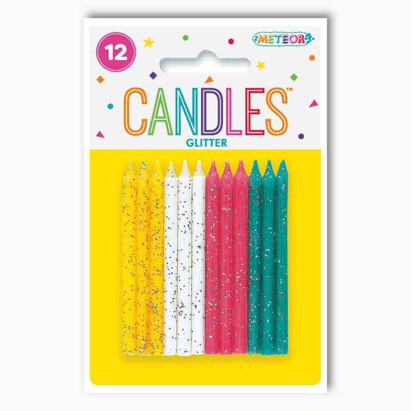 Multi coloured glitter birthday candles pack of 12 on retail packaging