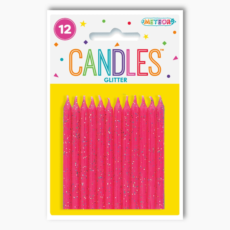 Pink glitter birthday candles pack of 12 on retail packaging