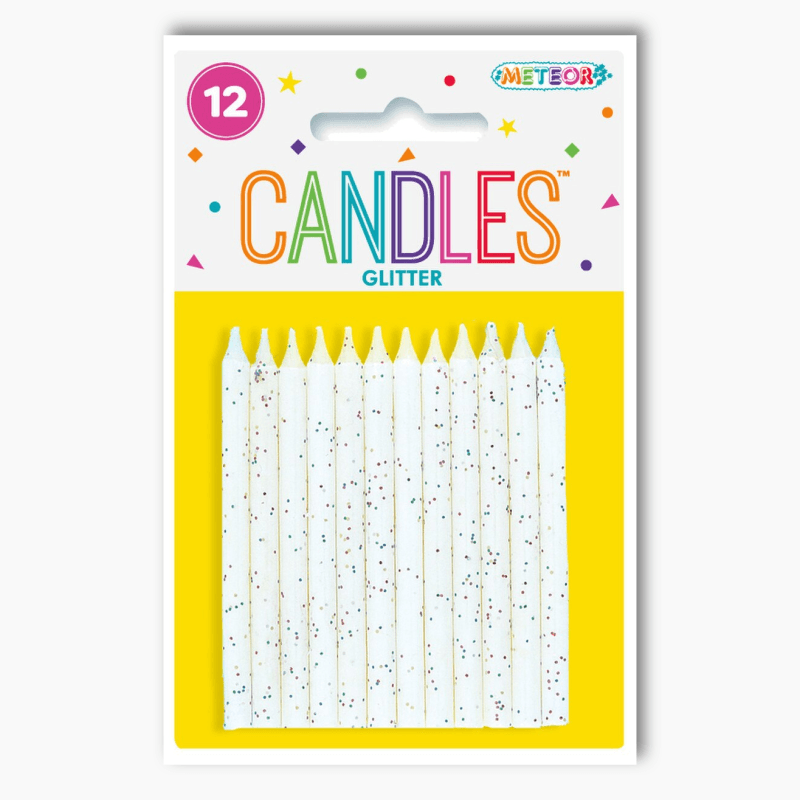 White glitter birthday candles pack of 12 on retail packaging