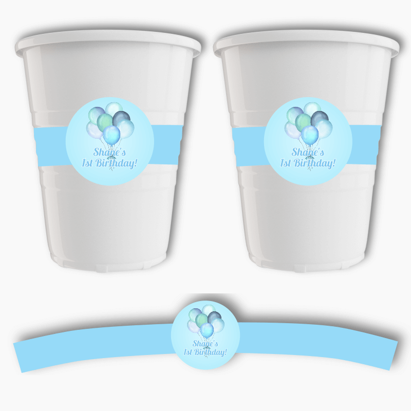 Personalised Pastel Blue Balloons Party Cup Stickers