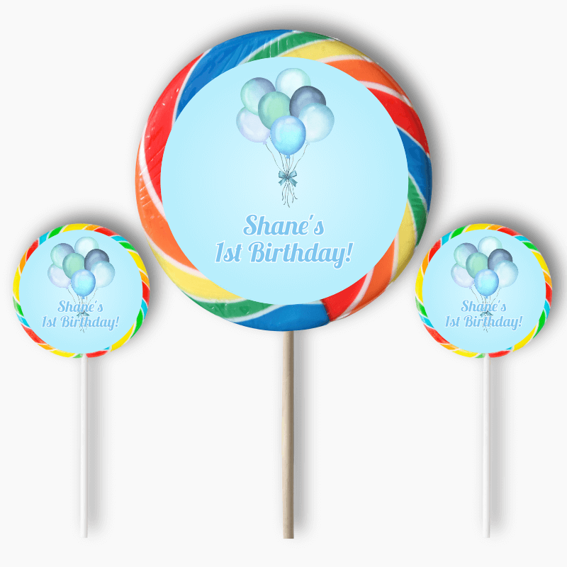 Personalised Pastel Blue Balloons Party Round Stickers