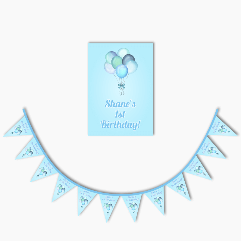 Personalised Pastel Blue Balloons Party Poster &amp; Bunting Combo
