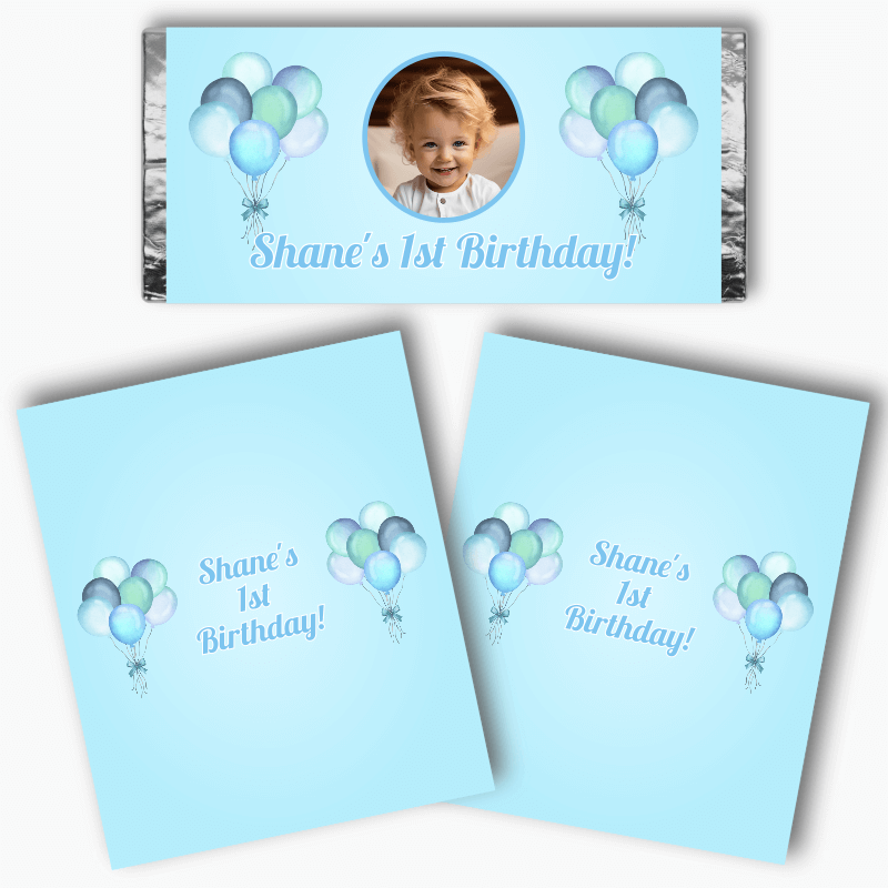 Personalised Pastel Blue Balloons Party Mini Chocolate Labels