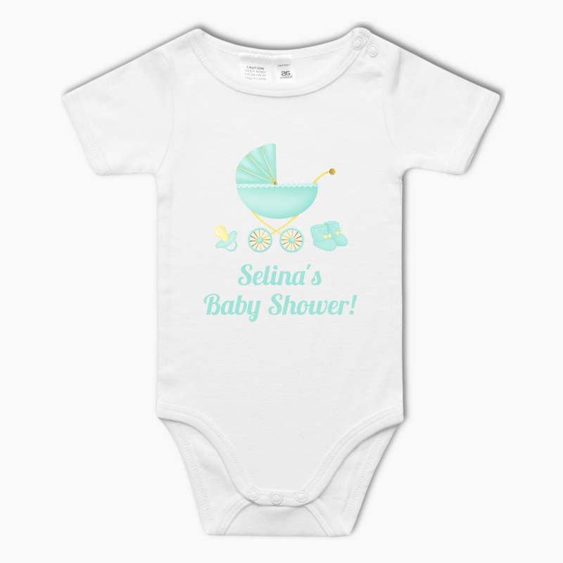 Personalised Pastel Mint & Lemon Vintage Pram Baby One-Piece Romper