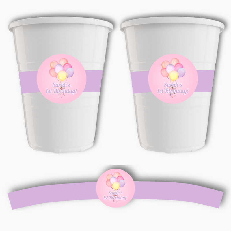 Personalised Pastel Pink Balloons Party Cup Stickers