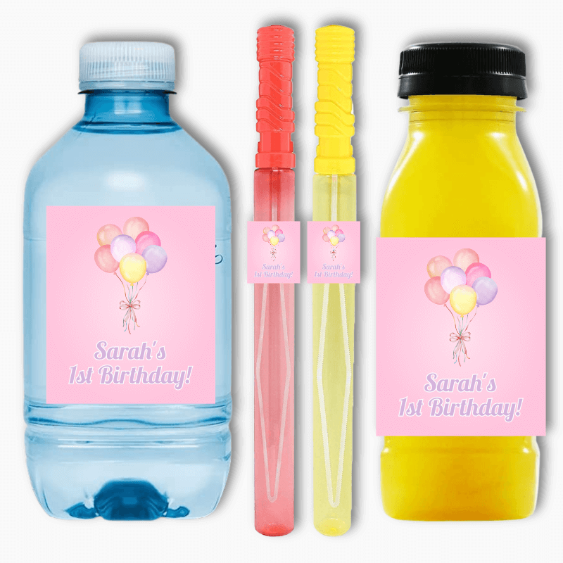 Personalised Pastel Pink Balloons Party Rectangle Favour Stickers