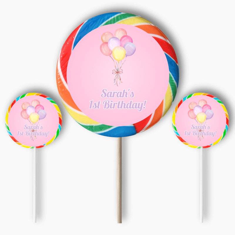 Personalised Pastel Pink Balloons Party Round Stickers