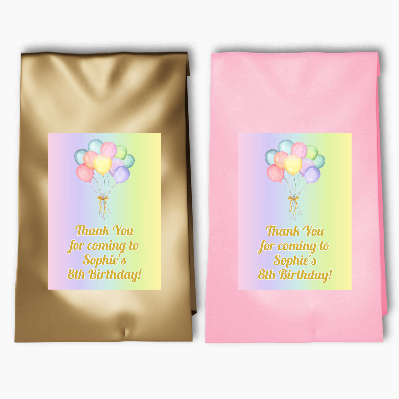 Personalised Pastel Rainbow Balloons Party Bags &amp; Labels