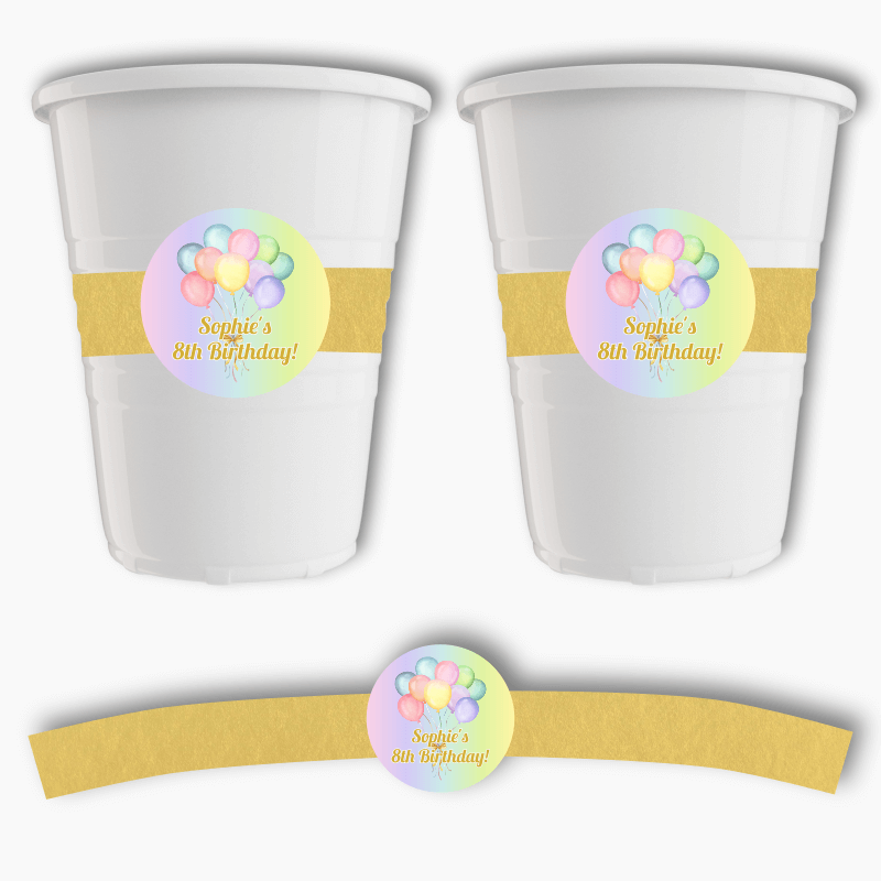 Personalised Pastel Rainbow Balloons Party Cup Stickers
