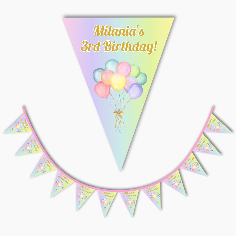 Personalised Pastel Rainbow Balloons Party Flag Bunting