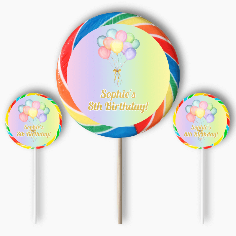 Personalised Pastel Rainbow Balloons Party Round Stickers