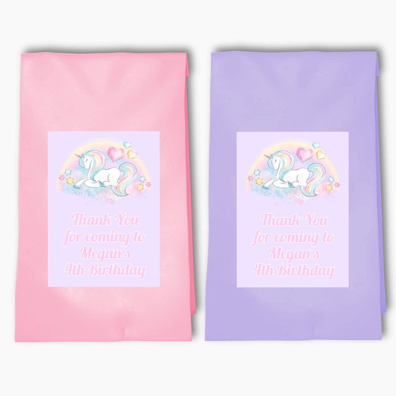 Personalised Pastel Rainbow Unicorn Party Bags &amp; Labels