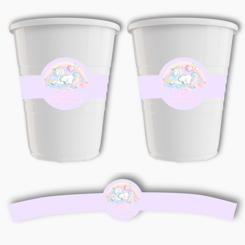 Personalised Pastel Rainbow Unicorn Party Cup Stickers