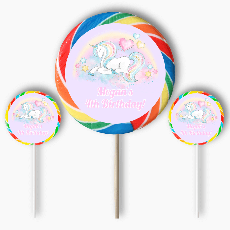 Personalised Pastel Rainbow Unicorn Party Round Stickers