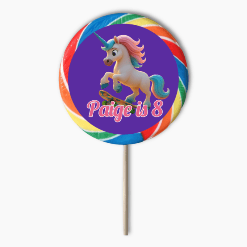 Personalised AI generated round sticker with unicorn design and “Paige is 8” text for birthday party decorations