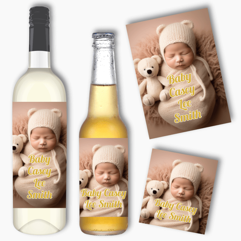 Personalised Baby Welcome Wine & Beer Labels with Photo