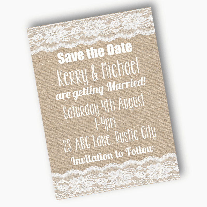 Personalised Burlap & Lace Wedding Save the Date Cards
