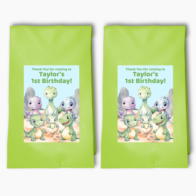 Personalised Cute Baby Dinosaur Party Bags &amp; Labels
