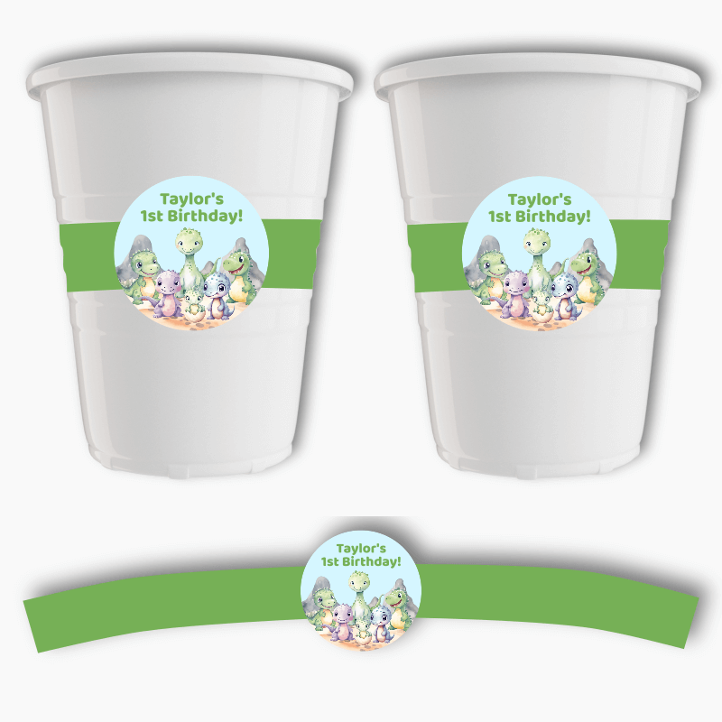 Personalised Cute Baby Dinosaurs Party Cup Stickers