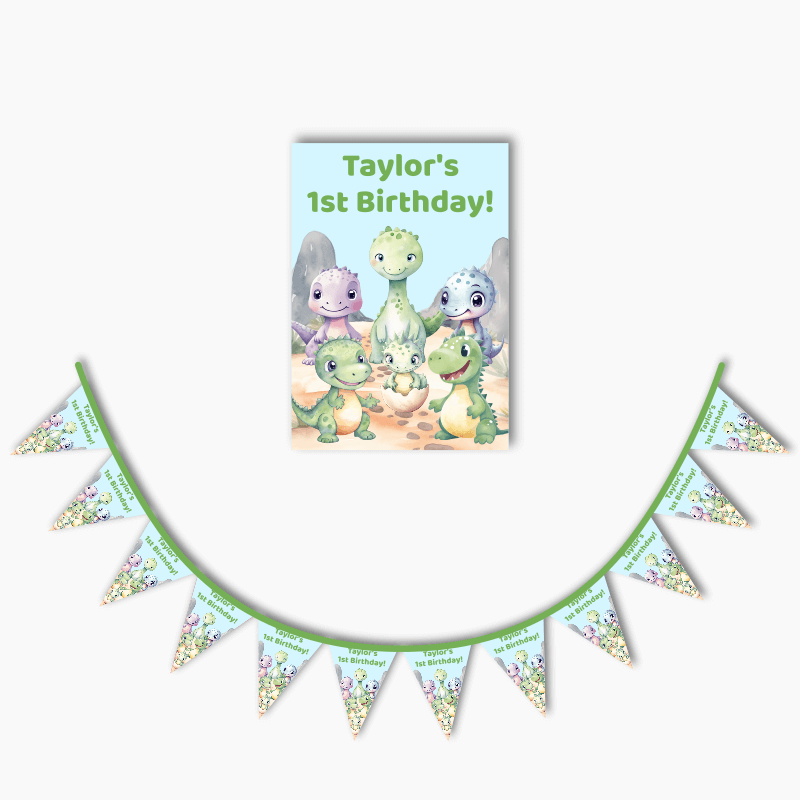 Personalised Cute Baby Dinosaurs Poster &amp; Bunting Combo
