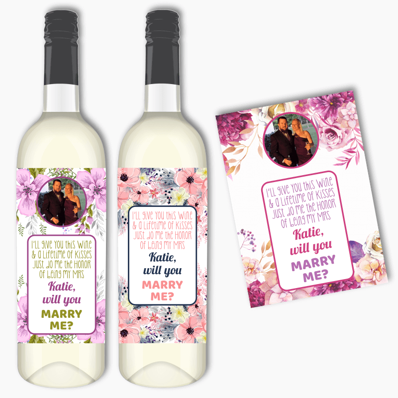 Personalised Floral 'Be My Mrs?' Wedding Proposal Wine & Beer Labels