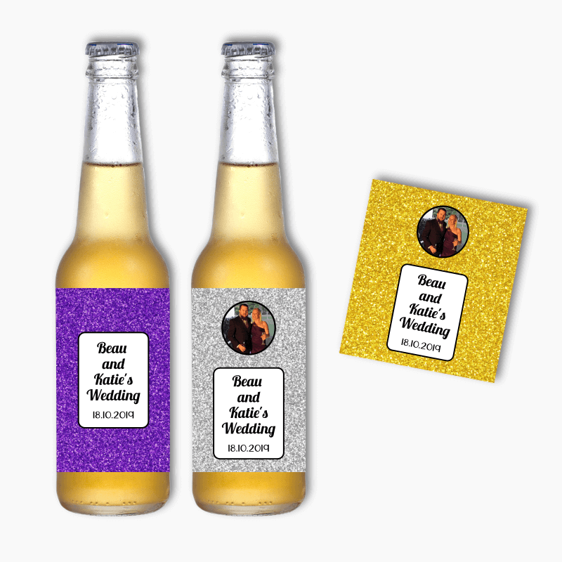 Personalised Glitter Print Wedding Beer Labels